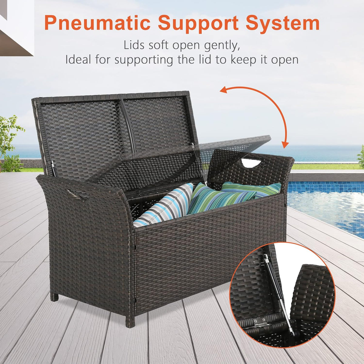 Patio Wicker Storage Bench,Outdoor Rattan Deck Box with Cushion, Red