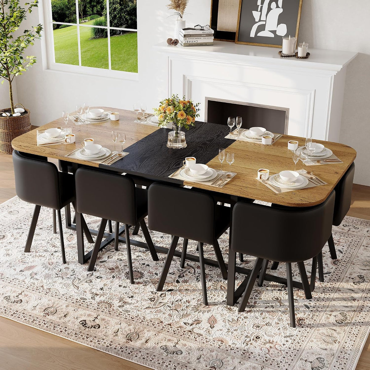 Dining Table Set for 8, 79" Large Dining Room Table Set for 8, Modern Farmhouse Kitchen Table Set for 8, Space Saving Wood Rectangular Dining Room Table with 8 Chairs for Home Gatherings