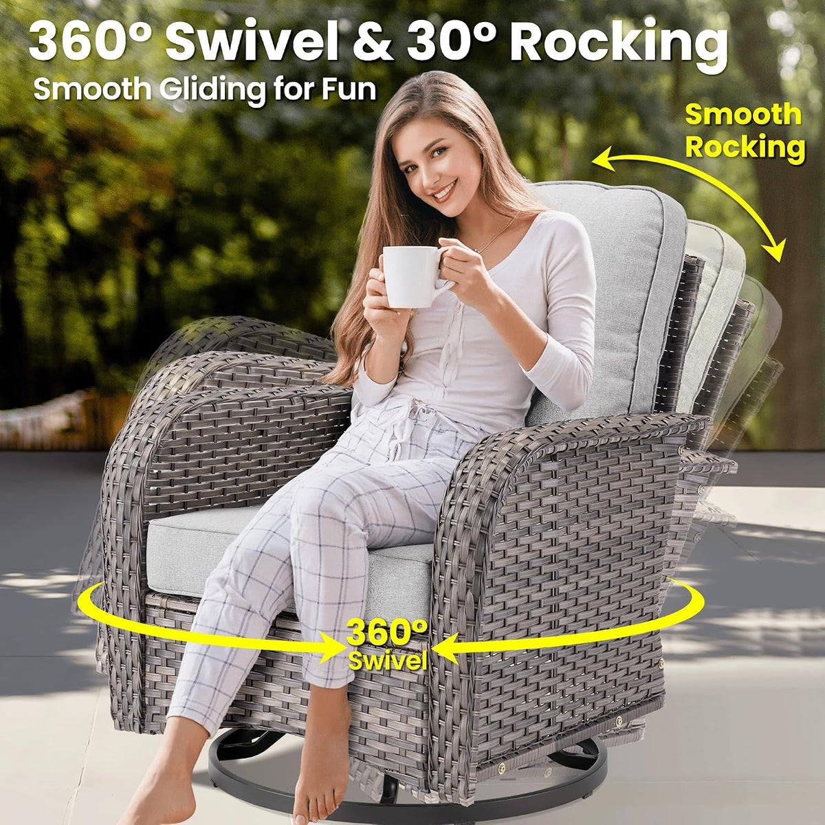 ovios 9 Pieces Patio Furniture Set, Outdoor Wicker Sofa Couch with Swivel Glider Chairs Solar Lights Table, Modern Deep Seat Rattan Conversation Sets for Deck Porch, Grey