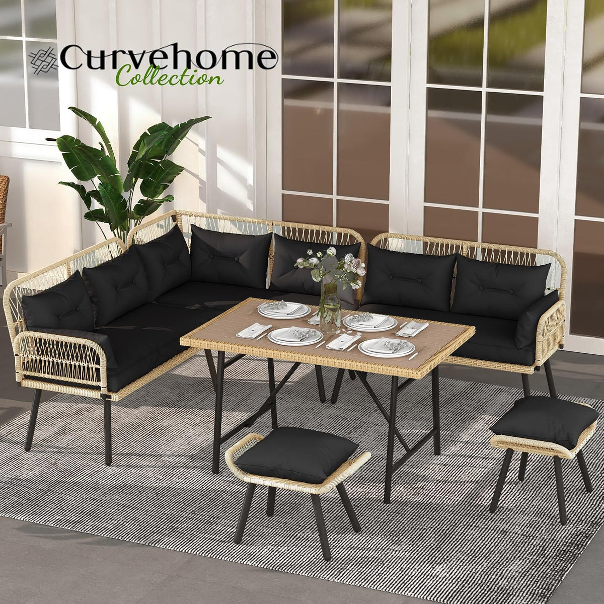 YITAHOME L-Shaped Rattan Patio Furniture Set Light Brown & Black