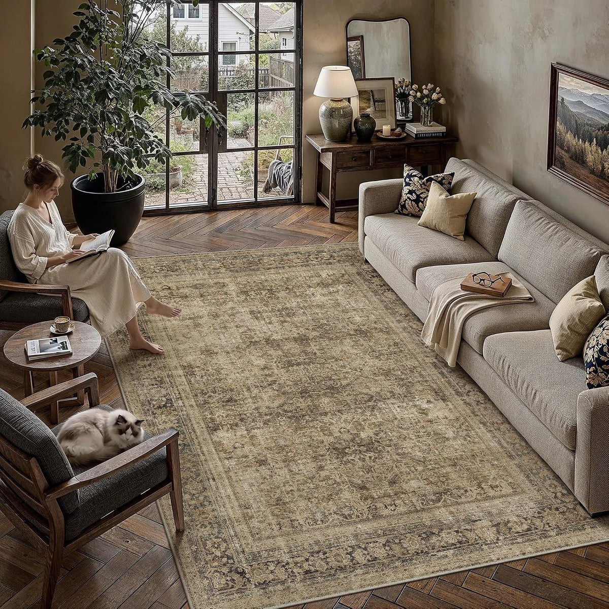 6x9 Area Rug Brown Vintage Distressed Carpet
