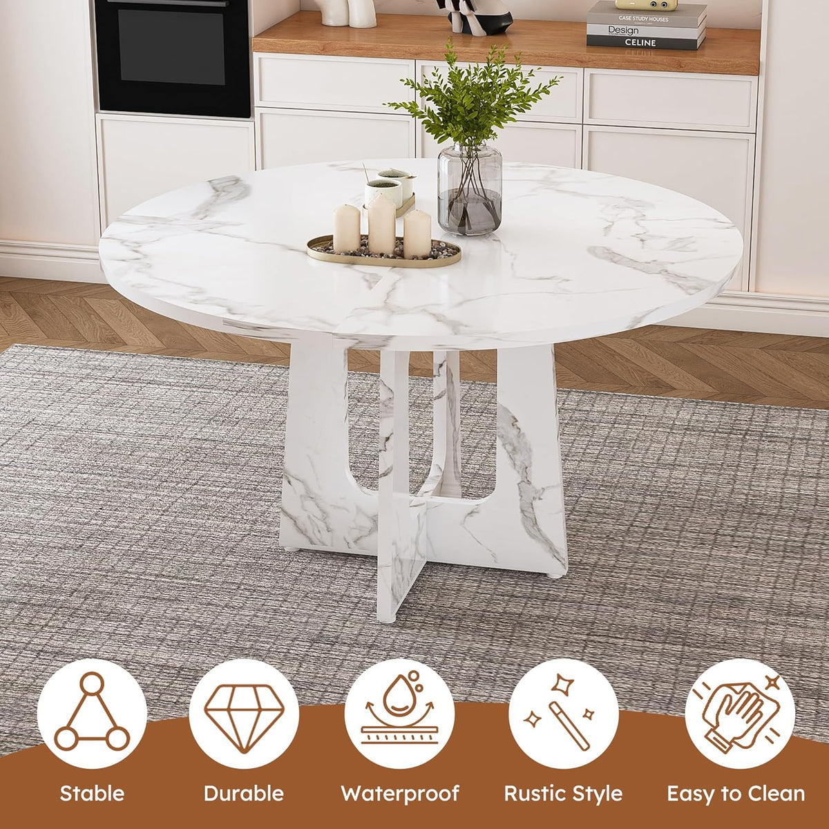 47" Round Farmhouse Dining Table Set for 4, Circle White Faux Marble Kitchen Table with 4 Beige Velvet Upholstered Dining Chairs, Wooden Kitchen and Dining Room Table Set for Dining Room