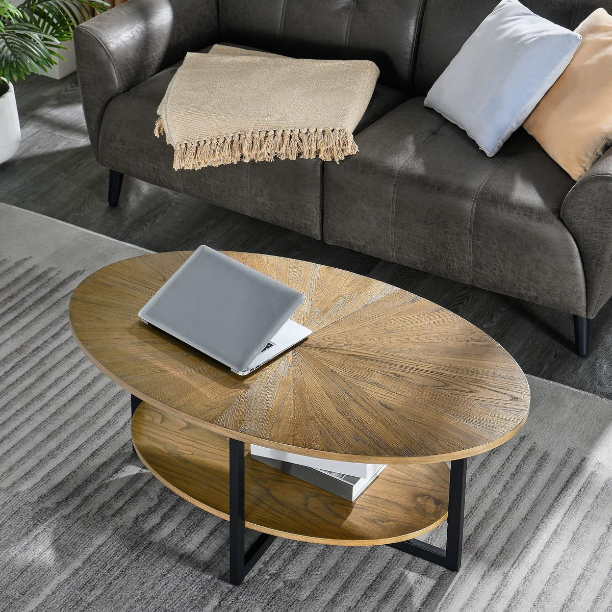 Wood Oval Coffee Table with Storage Shelf, 2-Tier, Rustic Nature