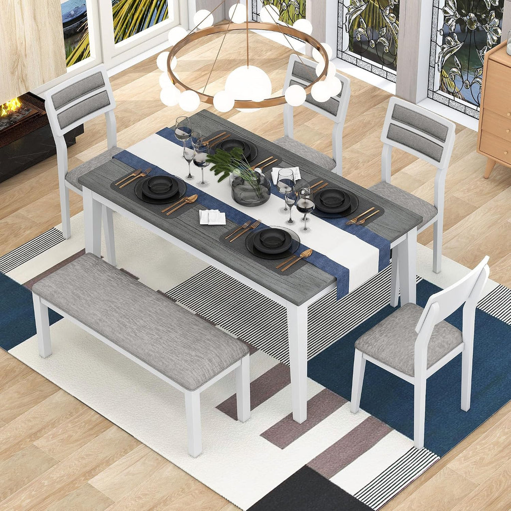 Merax 6-Pieces Solid Wood Dining Table Set for 6, Farmhouse Kitchen Room Table Set with 4 Upholstered Chairs and 1 Bench for Living Room - White+Gray