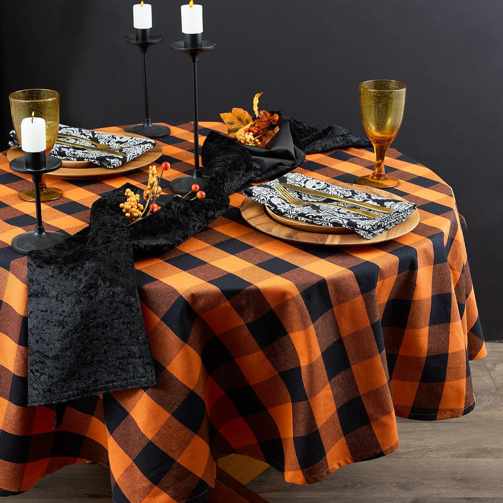 DII Halloween Tablecloth, 70 Inch Round, Orange & Black Buffalo Check Plaid
