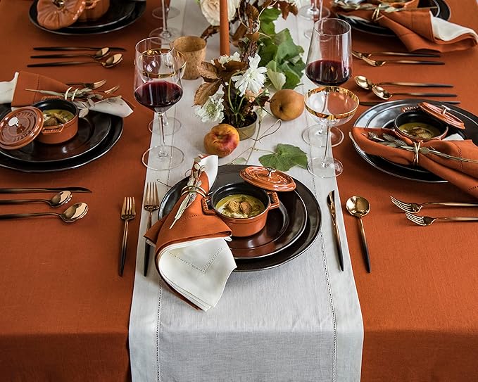 Solino Home Linen Cinnamon Tablecloth 60 x 144 Inch - Classic Hemstitch, 100% Pure Linen Rectangular Tablecloth - Machine Washable Table Cloth for Fall, Autumn, Halloween, Thanksgiving