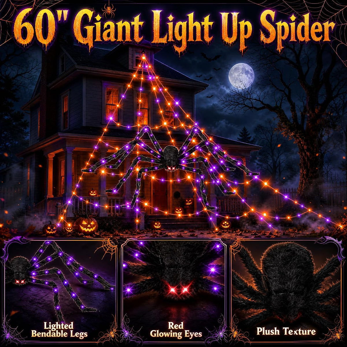 Halloween Decorations Outdoor Spider Web Lights - 550 LEDs Purple and Orange Remote Control Timer Plug in Giant Halloween Decor Cobwebs - 11 Modes Lighting Waterproof Yard Garden Party Decorations