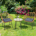Tangkula 3 Pieces Patio Bistro Set, Rattan Conversation Set with 2 Cushioned Armchairs & Round Glass Coffee Table, Indoor Outdoor Wicker Furniture Set for Balcony, Backyard, Garden, Poolside
