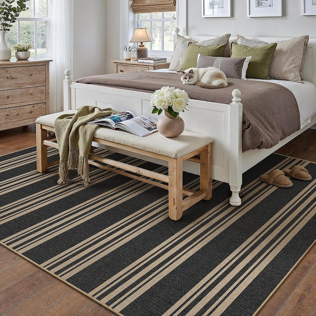 PureCozy Outdoor Rug 5x7 Washable Striped Jute Look Non Slip Carpet