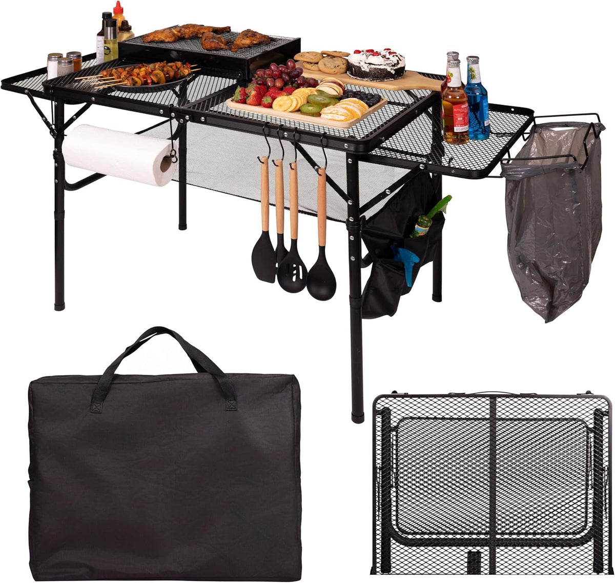 Folding Table w/ Carry Bag, Paper Towel Holder, Garbage Holder, Wing Panels, 3x2 FT Foldable Table for Portable Grill, Picnic, Outdoor, Beach, Small Folding Table Adjustable Height,Camping Table, BBQ