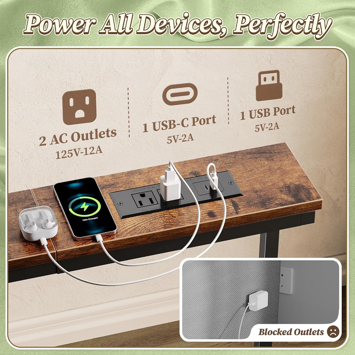 Huuger 63.4-78.3'' Extendable Behind Couch Table with Outlets, Rustic Brown