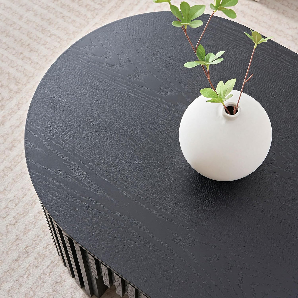 51.18'' Oval Wood Coffee Table with Drawer, Centre Table Tea Table Fluted Coffee Table Mid Century Modern Coffee Table Round Coffee Table Unique Coffee Table for Living Room Apartment-Black