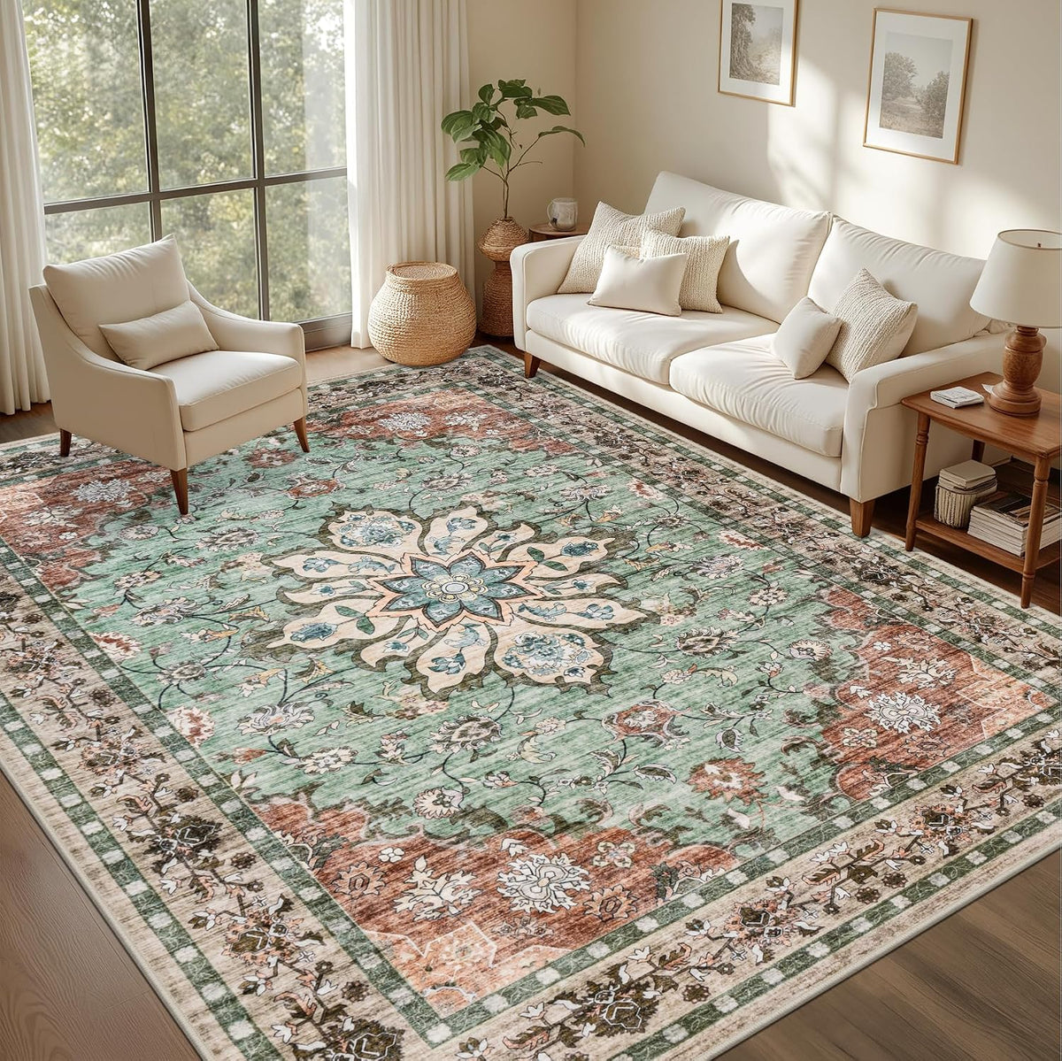 5x7 Area Rugs Living Room: Washable Rug for Bedroom Brown Green