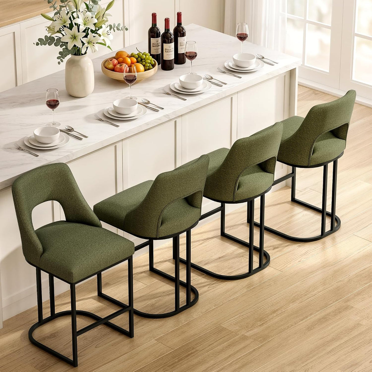 UVV Bar Stools Set of 4, Upholstered Counter Height Bar Stools with Sturdy Metal Legs Green Barstools for Bar Kitchen Island Dining Room