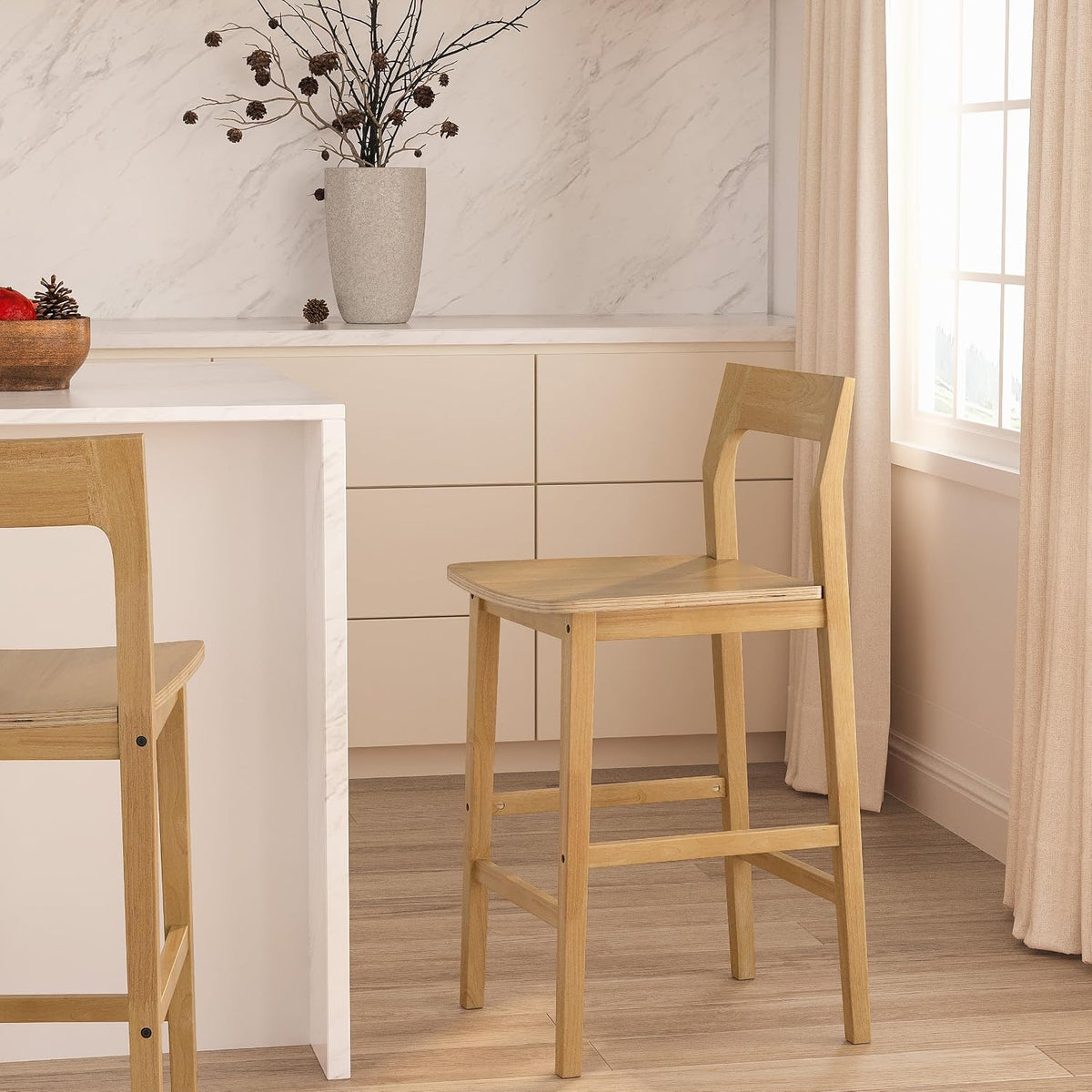 Wood Barstools Set of 4, Counter Height Bar Stools Armless Farmhouse Wooden Bar Dining Chairs with Back & Footrest for Kitchen Island Cafe Pub, Natural Oak