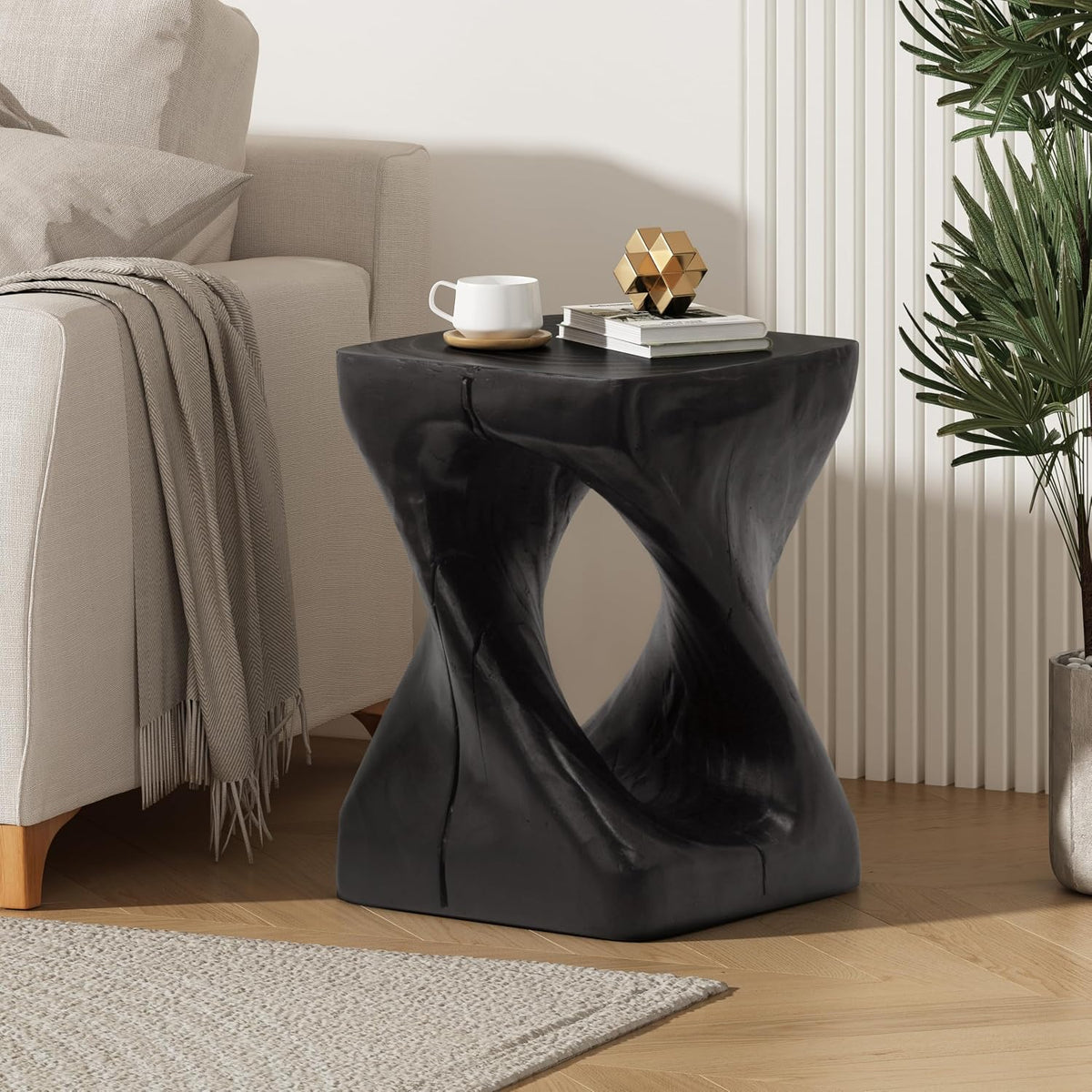 Christopher Knight Home Outdoor Side Table,Twist Shape End Table,Decorative Accent Table,Garden Stool Table for Patio Balcony Beach Pool Side,Lightweight Concrete,Wood Like Texture,Black