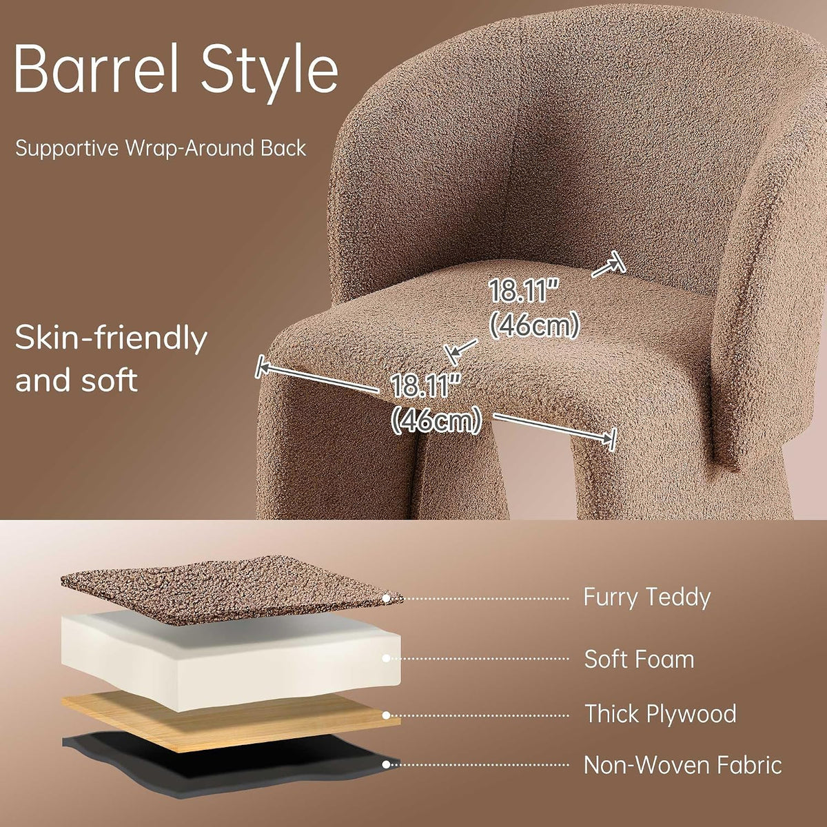 NORDICANA Barrel Dining Room Chairs with Arms, Faux Fur Accent Chairs Set of 4, for Kitchen, Living Room, Upholstered Armchairs, Brown