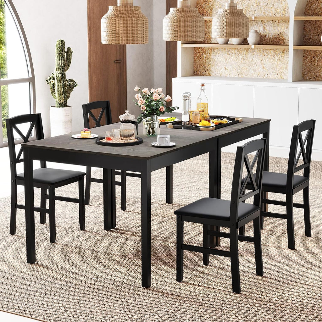 GIANTEX 3-Piece Dining Table Set for 2 - Small Wooden Kitchen Table with Upholstered PVC Leather Chairs, Rubber Wood Legs, Modern Compact Dining Set for Dinner, Kitchen, Restaurant, Dinette (Grey)