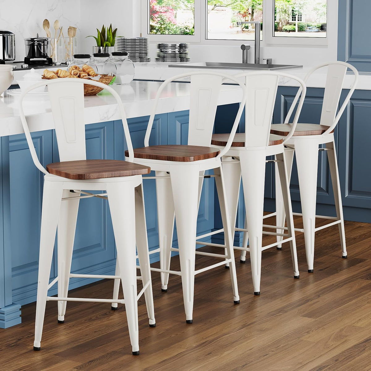 24" Swivel Bar Stools Set of 4 Metal Counter Height Chairs Off-White