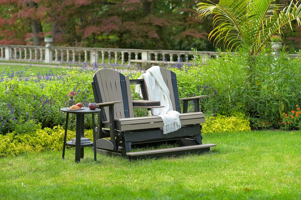 LuxCraft Adirondack Balcony Glider - 5' with Drop Down Console (Weatherwood on Black)
