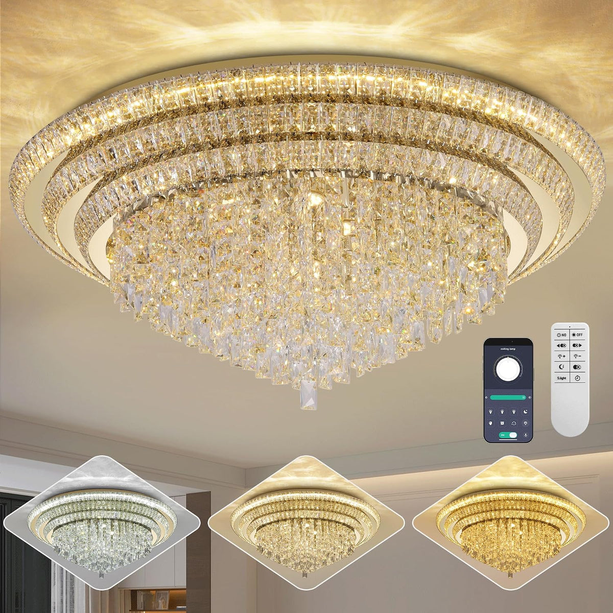 40" Flush Mount Crystal Chandeliers with Remote and APP,Gold Ceiling Lights