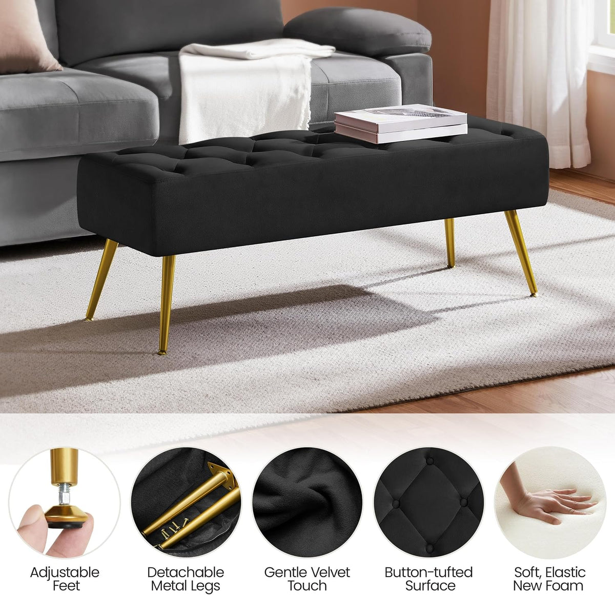 Yaheetech 45in Upholstered Velvet Ottoman Bench Seat with Gold Legs, Black