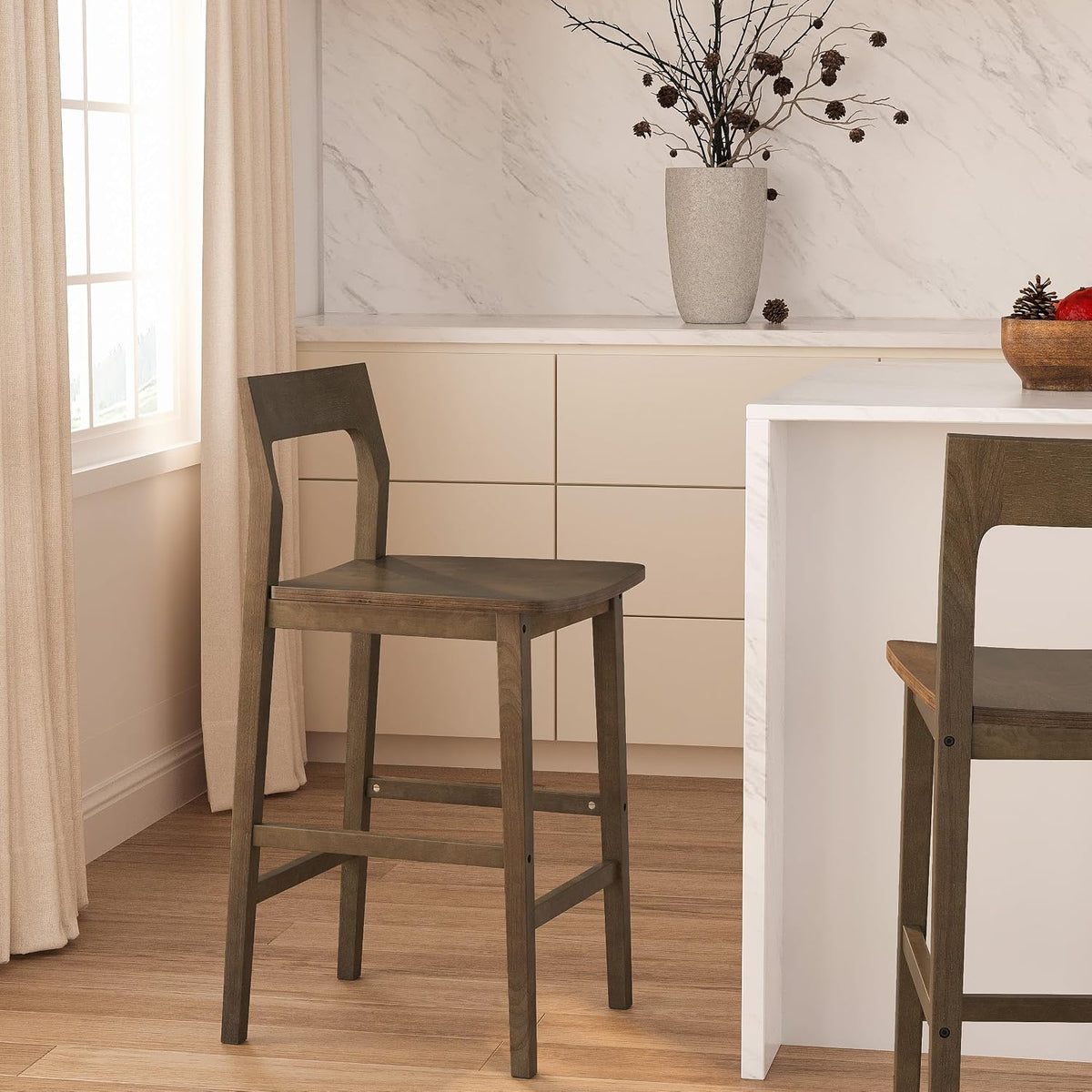 EYYTHUNG Basics Bar Stools Set of 4, Farmhouse 25” Counter Height Stools with Solid Wood Legs & Back, Mid Century Modern Barstools for Kitchen Island, Dining Room, Brown