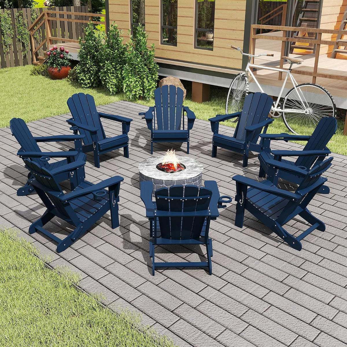 Domi Folding Adirondack Chair Set of 8, HDPE All-Weather Adirondack Chairs with Cup Holder, Outdoor Plastic Fire Pit Chairs Wood Texture for Poolside, Patio, Backyard, Deck (Blue)