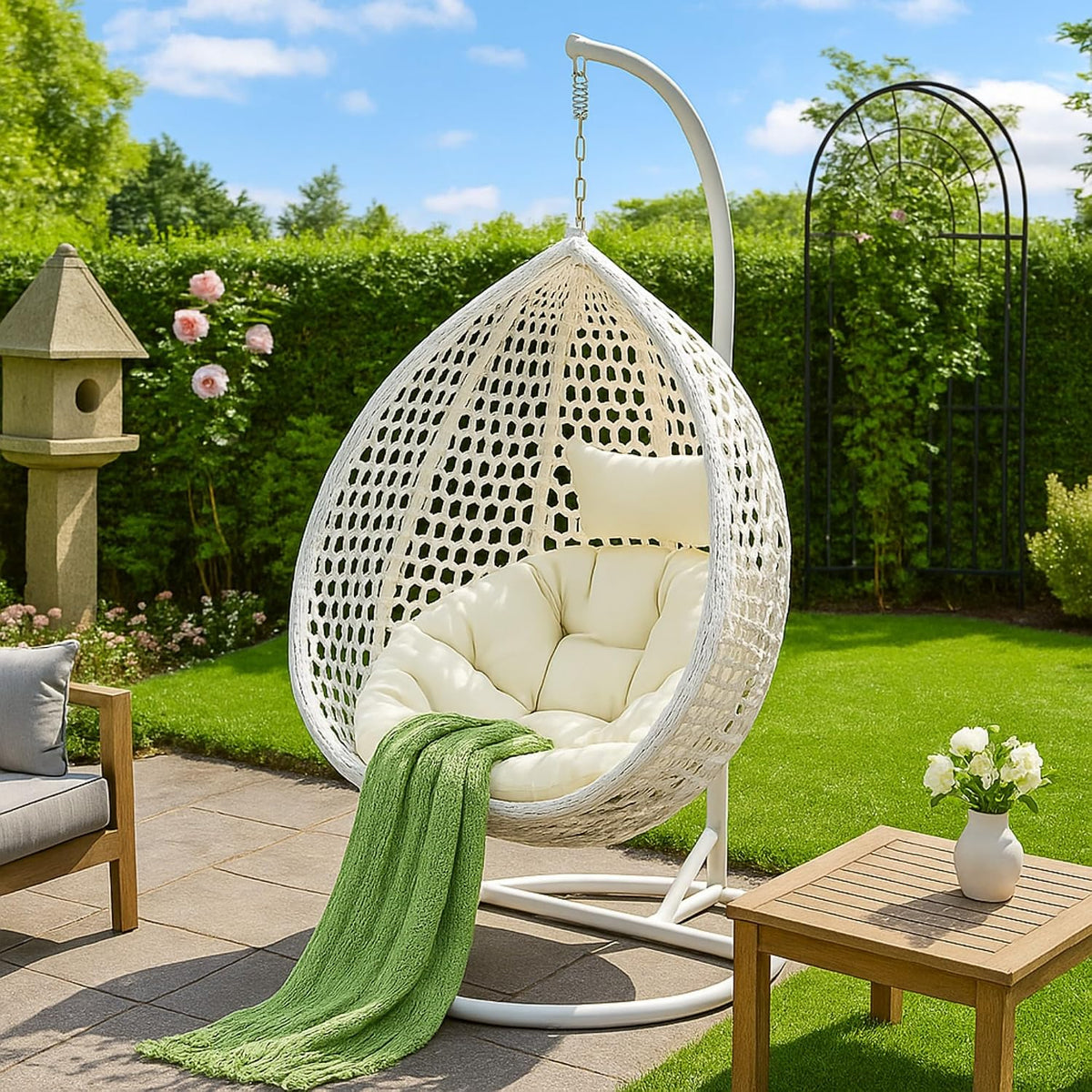 Egg Swing Chair with Stand Outdoor Indoor, Hanging Egg Chair with Cushions and Pillow,300lbs Capacity for Porch, Patio,Garden, Bedroom, Balcony, White