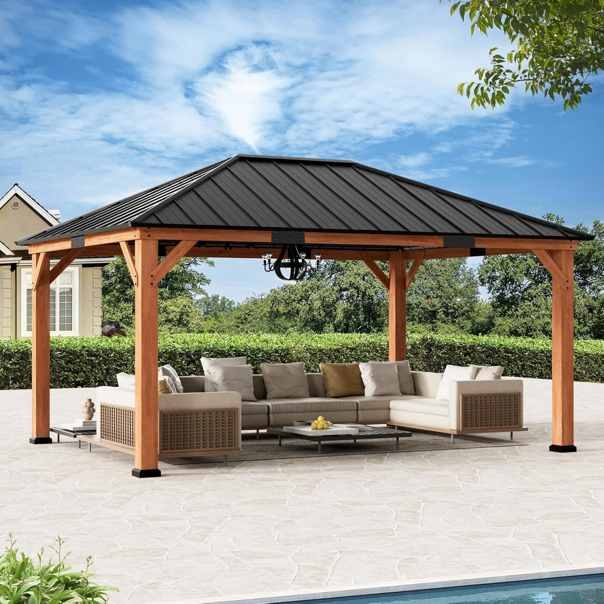 Modern Shade Permanent Wood Gazebo 12x16 with Galvanized Steel Roof