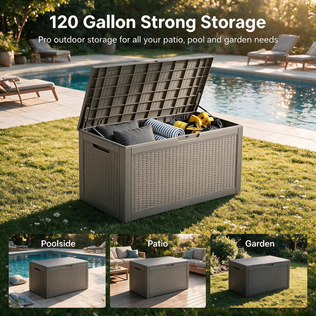 120 Gallon Deck Box,Lockable Outdoor Storage Box Gas Lift,Waterproof Grey