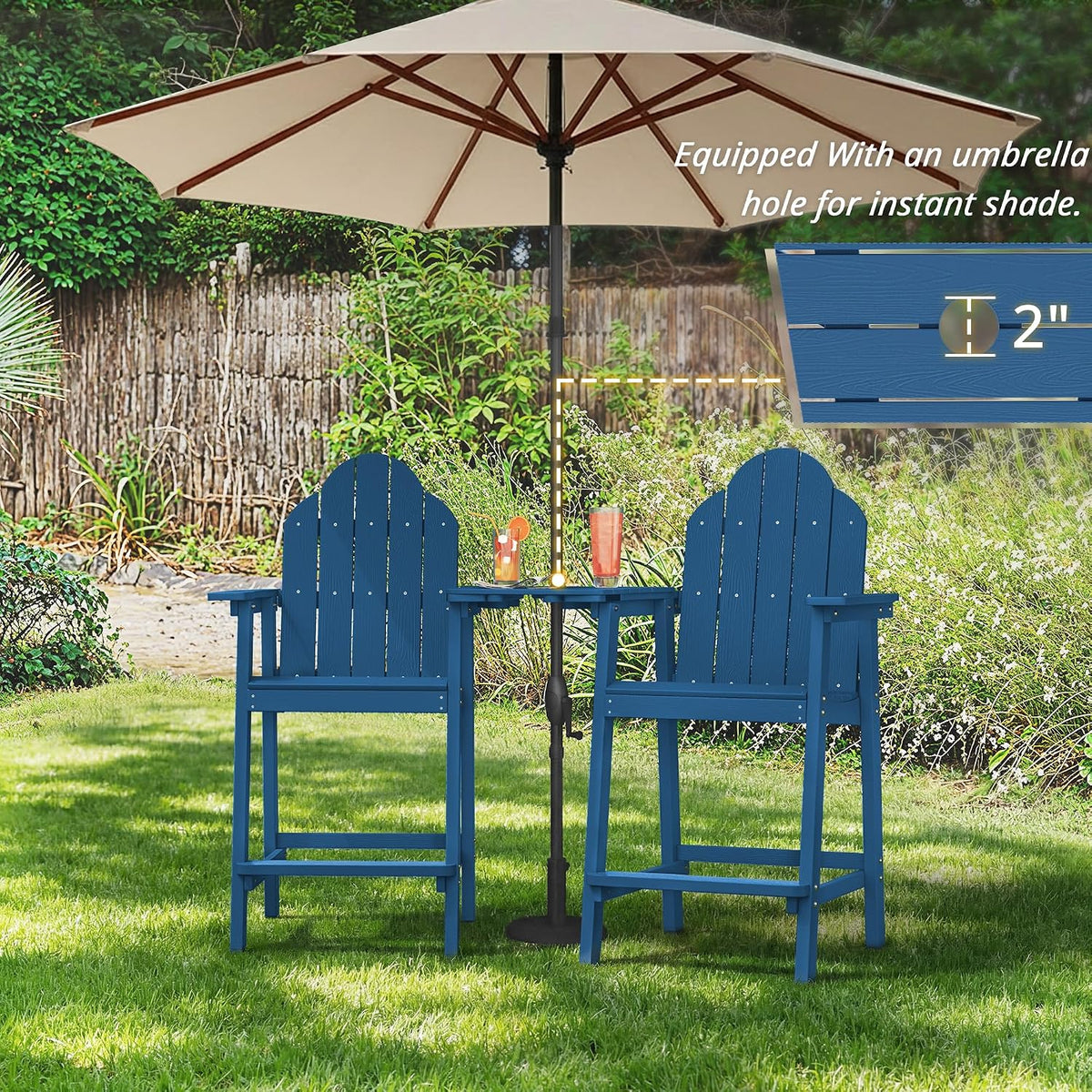 LUE BONA Tall Adirondack Chair Set of 2, HDPS Bar Height Chairs, Navy Blue