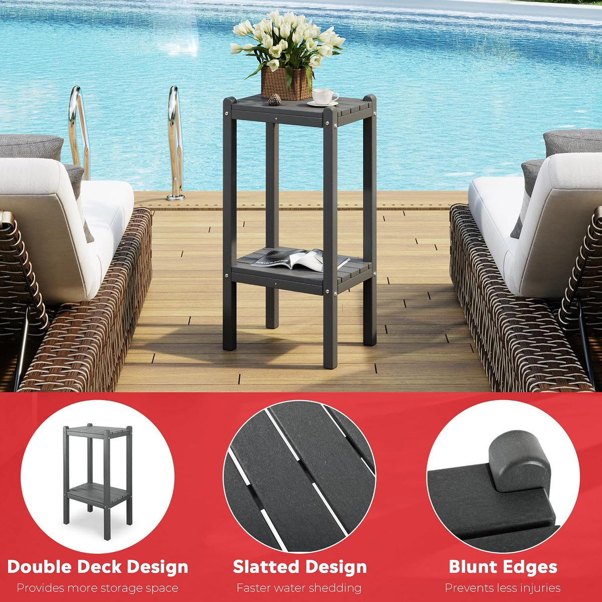 Costaelm Outdoor Side Table, 2-Tier Small Patio Coffee Tables for Outside, Outdoor End Tables for Patio, Adirondack Side Table for Outside, Outside Table for Pool, Porch, Garden, Gray