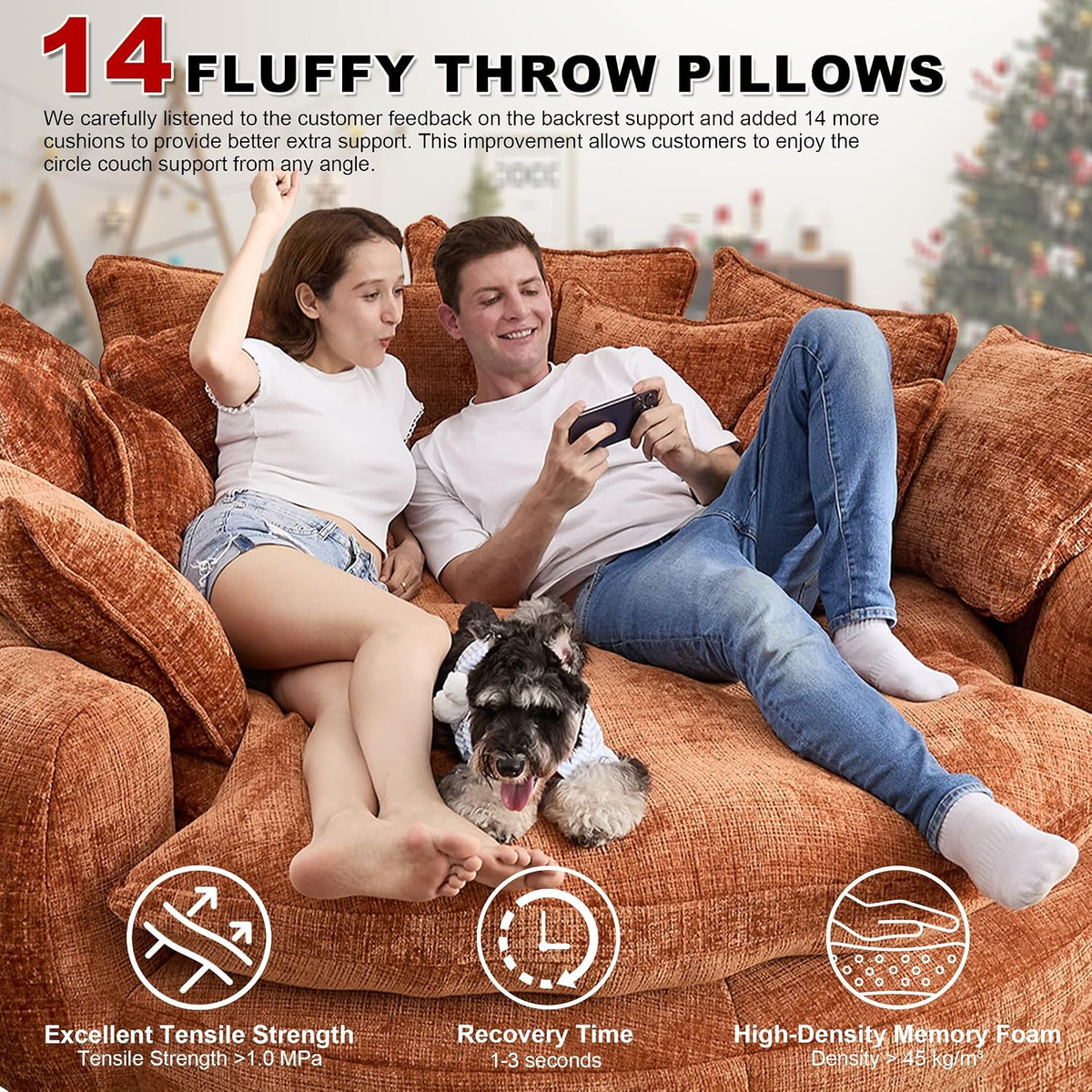 81.1" Cloud Couch Sleeper Sofa, Oversized Round Chaise Lounge Chair Indoor, Modern Chenille Boneless Couch with 14 Pillows, Upholstered Barrel Daybed, Memory Foam Sofas for Living Room, Orange