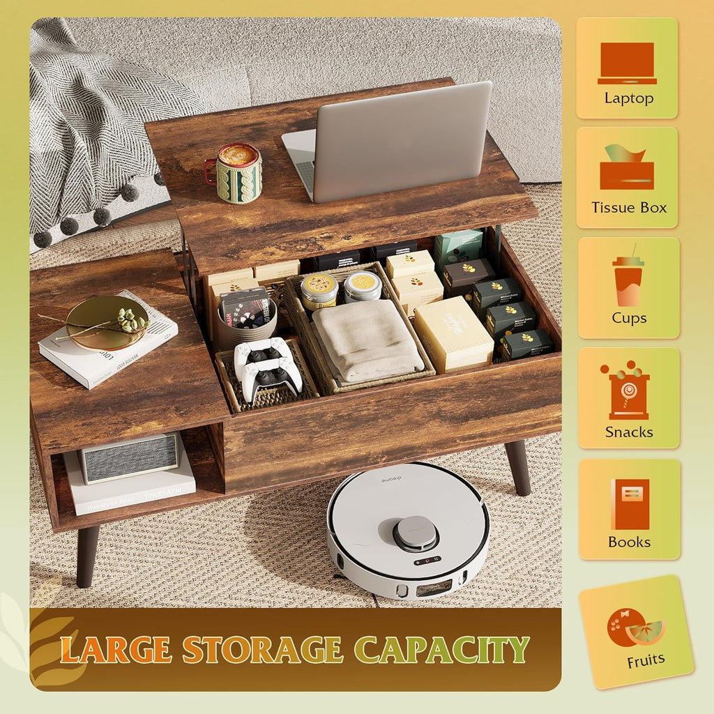 WLIVE Lift Top Coffee Table with Hidden Storage, Brown