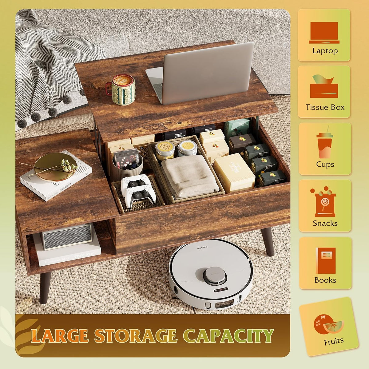WLIVE Lift Top Coffee Table with Hidden Storage, Brown