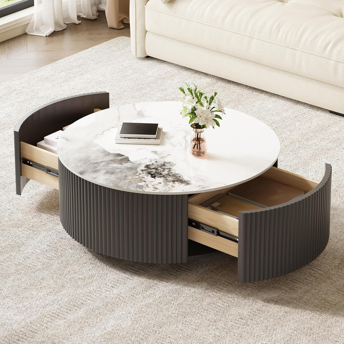 Round Coffee Table with Storage, Modern Movable Coffee Table with Marble Patter Sintered Stone Top and Wheels, Grey