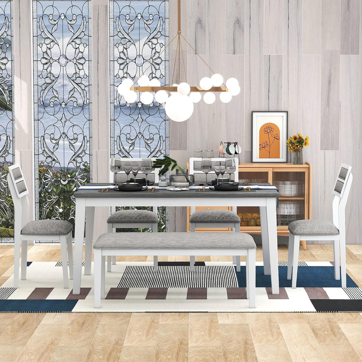 Harper & Bright Designs Kitchen Dining Table Set for 6, Classic and Traditional Style 6 Piece Kitchen Dining Table Set, 4 Upholstered Chairs & Bench (White+Gray)
