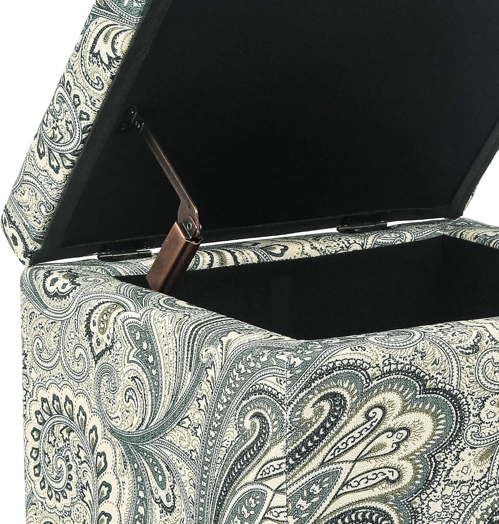 Adeco 18" Cube Storage Ottoman in Blue Paisley, Upholstered Linen Foot Stool & Accent Chair for Entryway, Vanity or Small Spaces