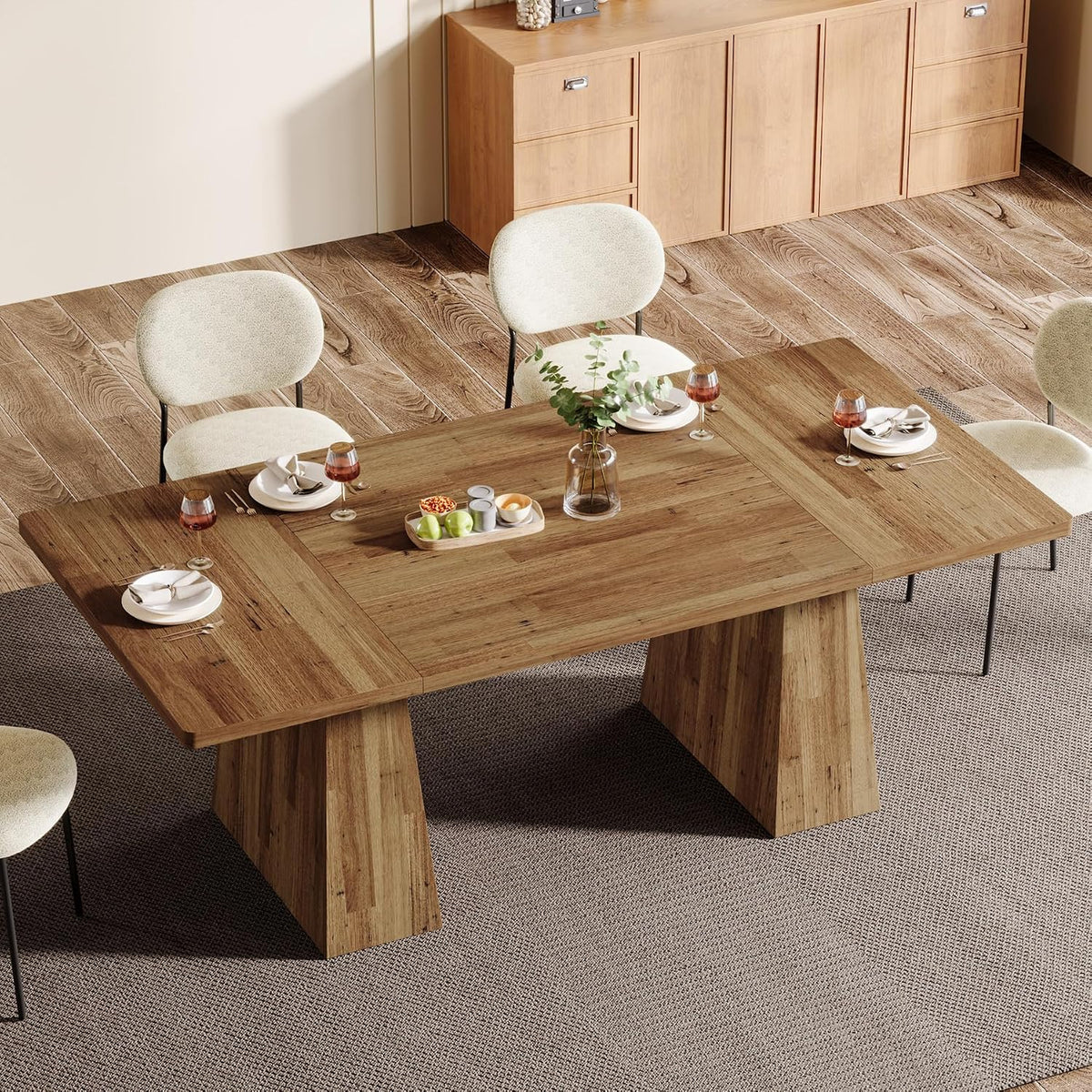 Tribesigns Dining Table for 6, Farmhouse Wood Dinner Rectangular Table Kitchen Table with Double Pedestal, 63" L x 31.5" W x 30" H, Light Brown