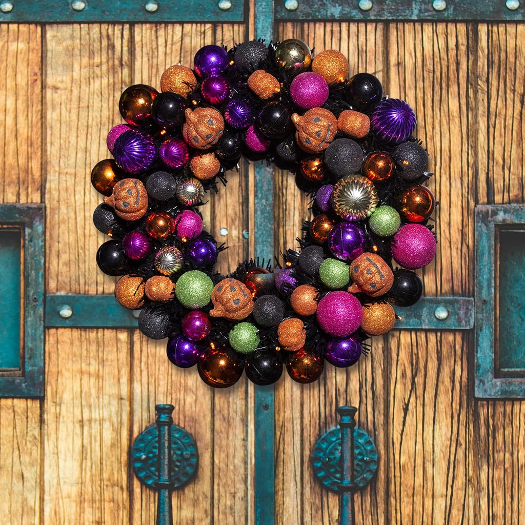 18 Inch Halloween Ball Wreath with Lights and Pumpkin Ornaments