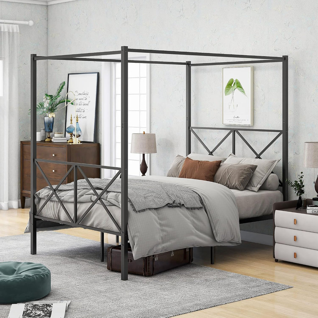 Full Size Canopy Bed Frame with Heavy Duty Metal Headboard, Black