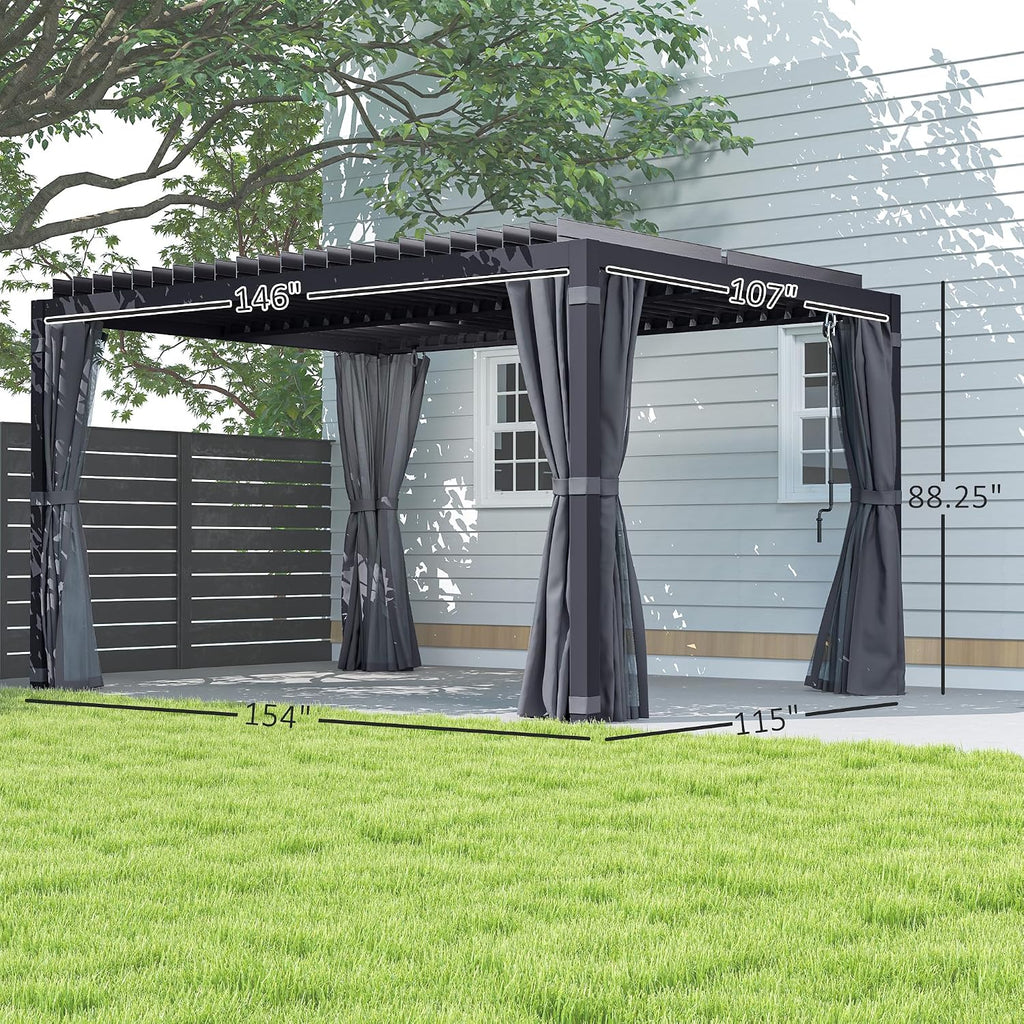 Outsunny 10 x 13 ft. Louvered Pergola Hardtop Gazebo w/Curtains Dark Gray