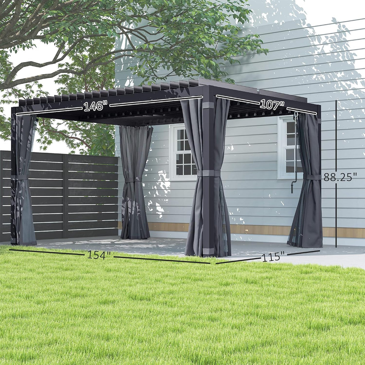 Outsunny 10 x 13 ft. Louvered Pergola Hardtop Gazebo w/Curtains Dark Gray