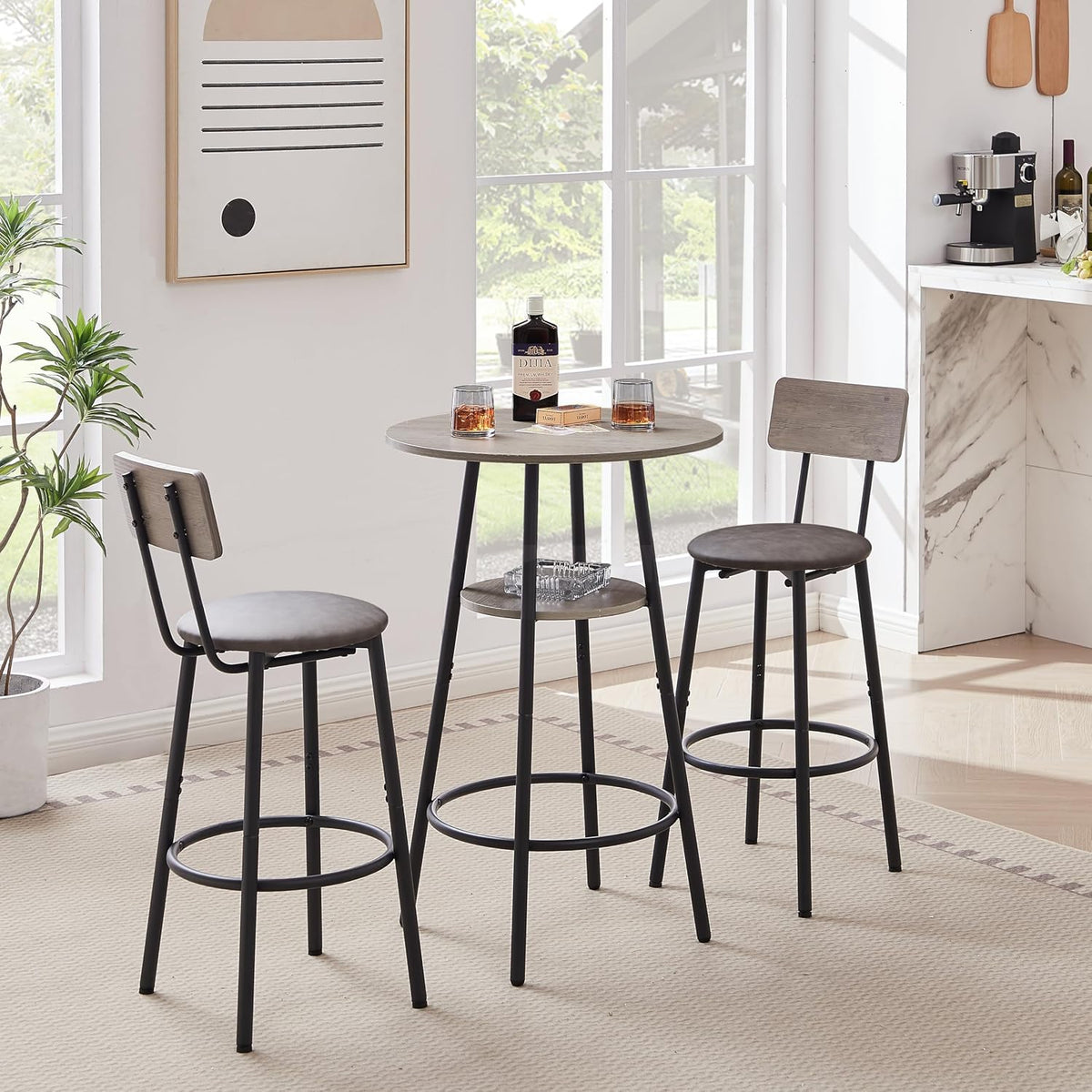 3 Piece Round Bar Table Set with Storage Shelf, Bistro Pub Counter Height Table and 2 Upholstered High Stools, Industrial Kitchen Breakfast Nook for Dining Room, Small Space, Gray