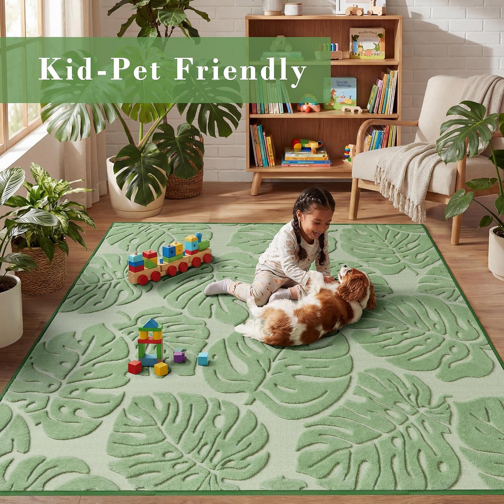 Sage Green Monstera 8x10 Area Rugs High-Low Plush Pile Washable