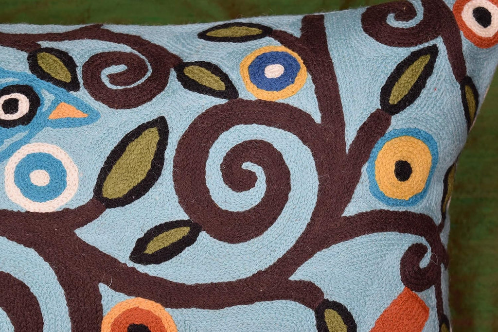Lumbar Cushion Cover Hand Embroidered Wool 13x21 (Blue Birds Lumbar Pillow Cover)