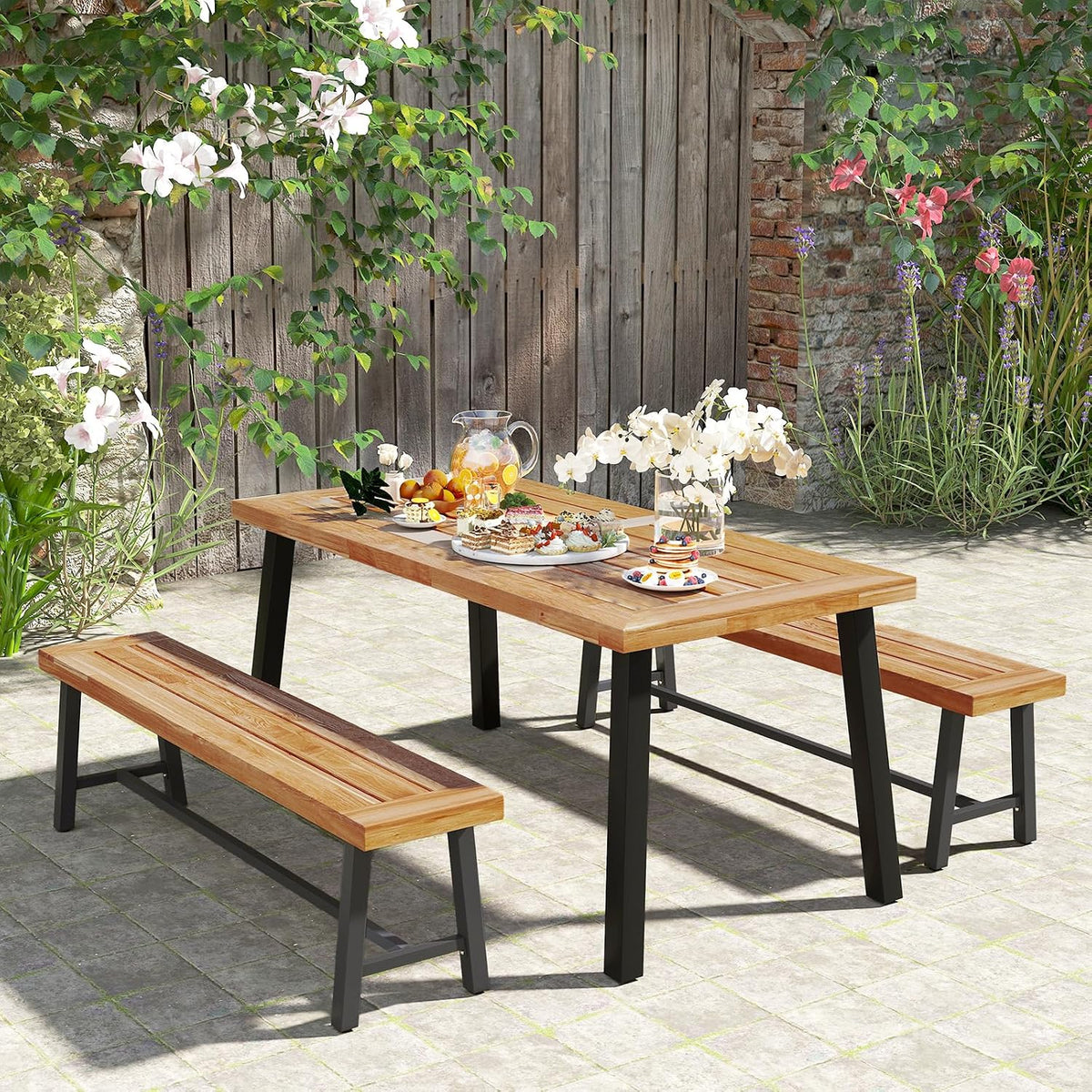 Outdoor Bench Garden Bench Set of 2, 63" Backless Acacia Wood Bench with Heavy-Duty Metal Legs, Patio Dining Bench Front Porch Benches for Outside, Yard & Garden