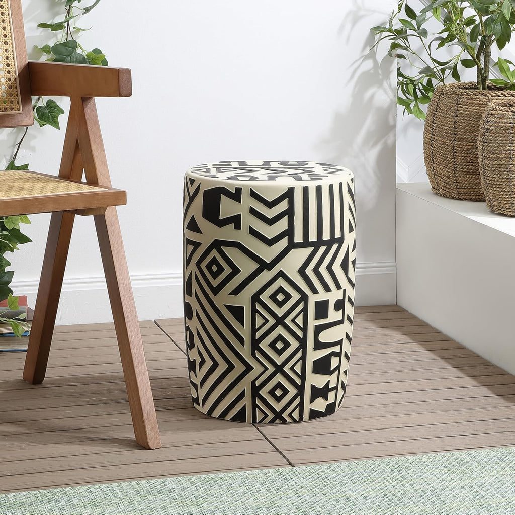 JONATHAN Y Rafi Drum Garden Stool 17.75" Concrete Patio, Black/Cream