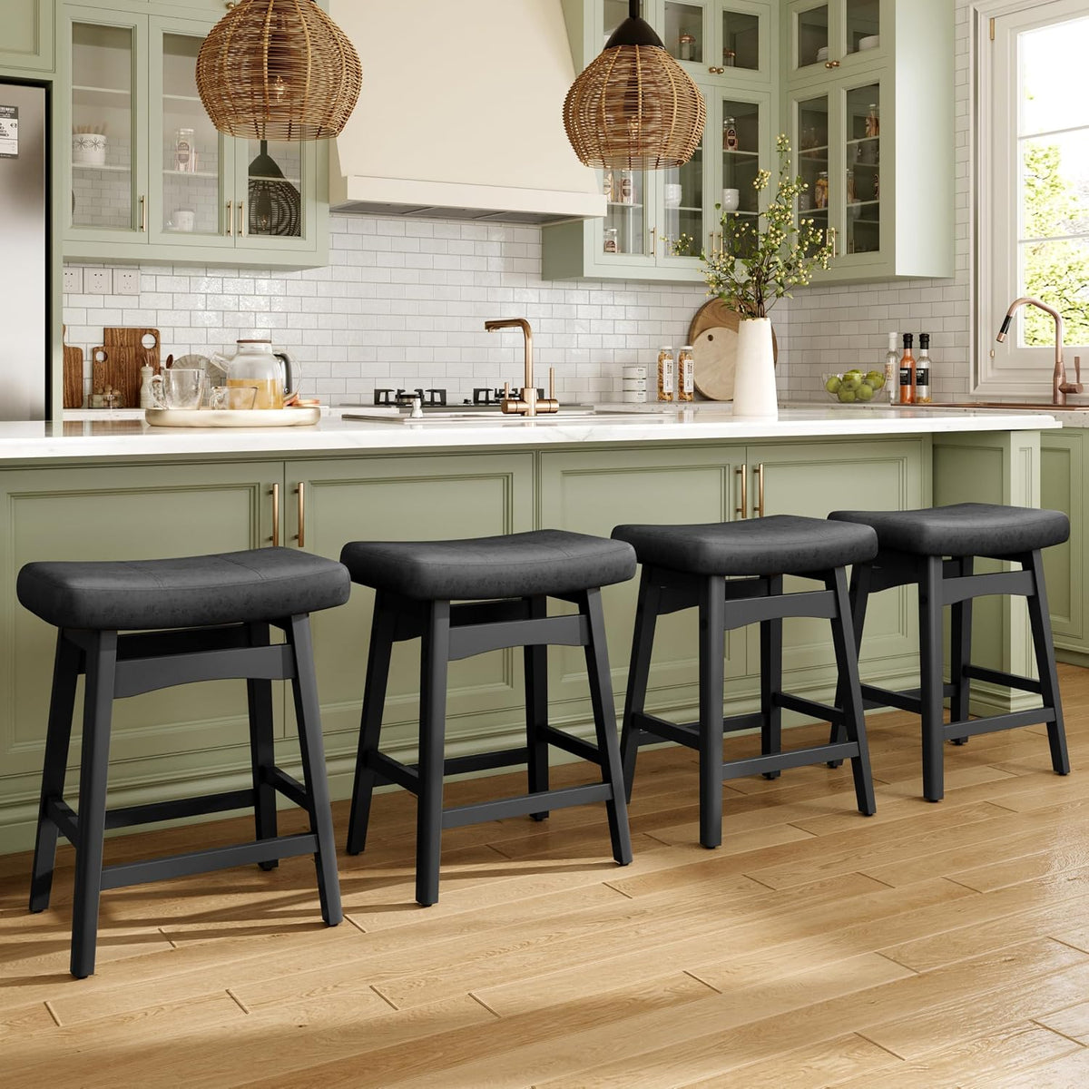 MAISON ARTS 24" Counter Height Bar Stools Set of 2, Black, Black Legs